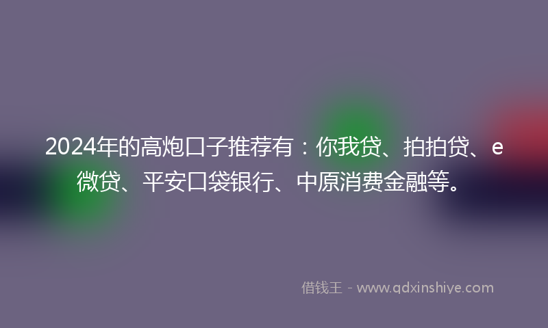 2024年的高炮口子推荐有：你我贷、拍拍贷、e微贷、平安口袋银行、中原消费金融等。
