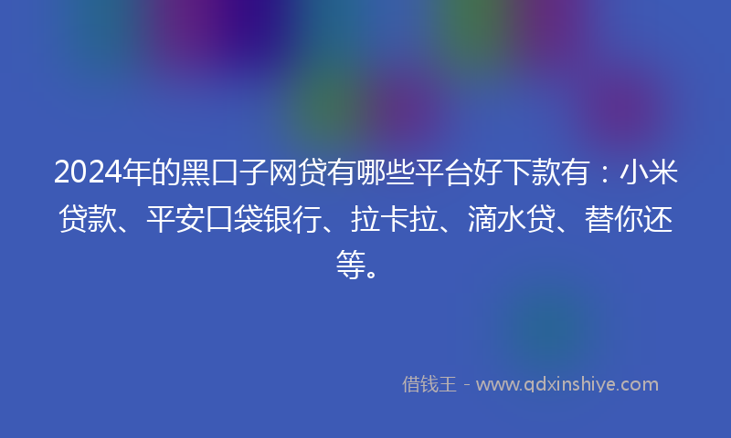2024年的黑口子网贷有哪些平台好下款有：小米贷款、平安口袋银行、拉卡拉、滴水贷、替你还等。