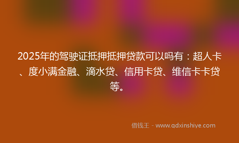 2025年的驾驶证抵押抵押贷款可以吗有：超人卡、度小满金融、滴水贷、信用卡贷、维信卡卡贷等。
