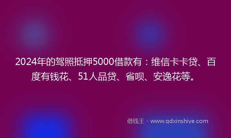 2024年的驾照抵押5000借款有：维信卡卡贷、百度有钱花、51人品贷、省呗、安逸花等。