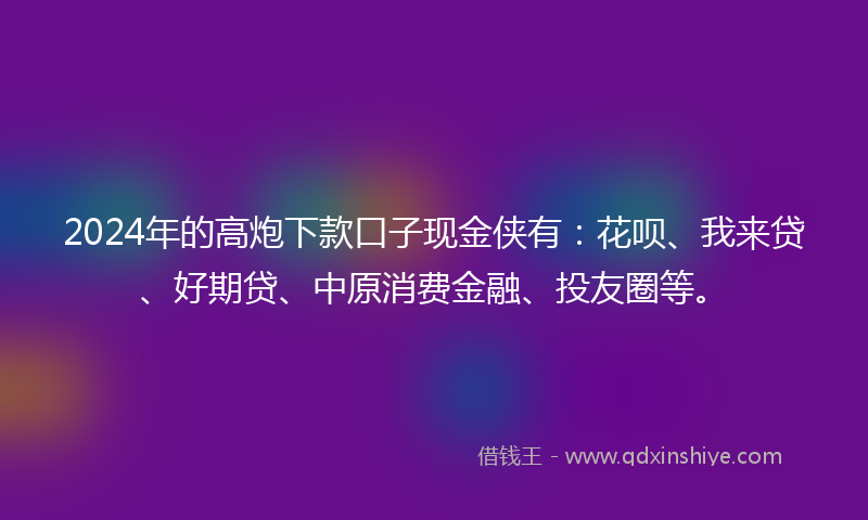 2024年的高炮下款口子现金侠有：花呗、我来贷、好期贷、中原消费金融、投友圈等。