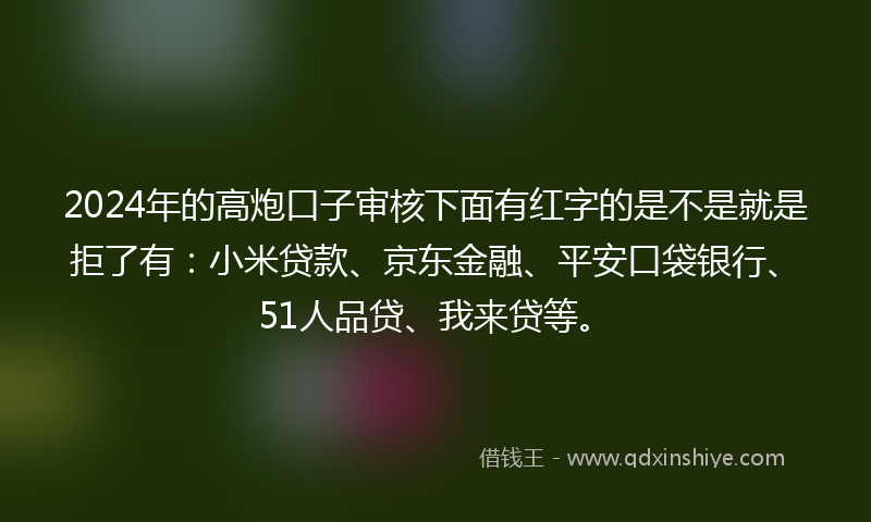 2024年的高炮口子审核下面有红字的是不是就是拒了有：小米贷款、京东金融、平安口袋银行、51人品贷、我来贷等。
