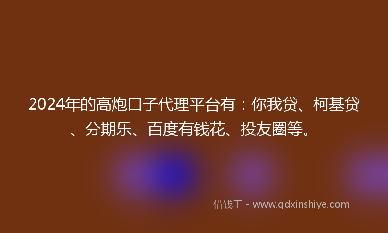 2024年的高炮口子代理平台有：你我贷、柯基贷、分期乐、百度有钱花、投友圈等。