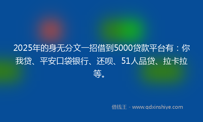 2025年的身无分文一招借到5000贷款平台有：你我贷、平安口袋银行、还呗、51人品贷、拉卡拉等。