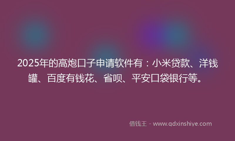 2025年的高炮口子申请软件有：小米贷款、洋钱罐、百度有钱花、省呗、平安口袋银行等。