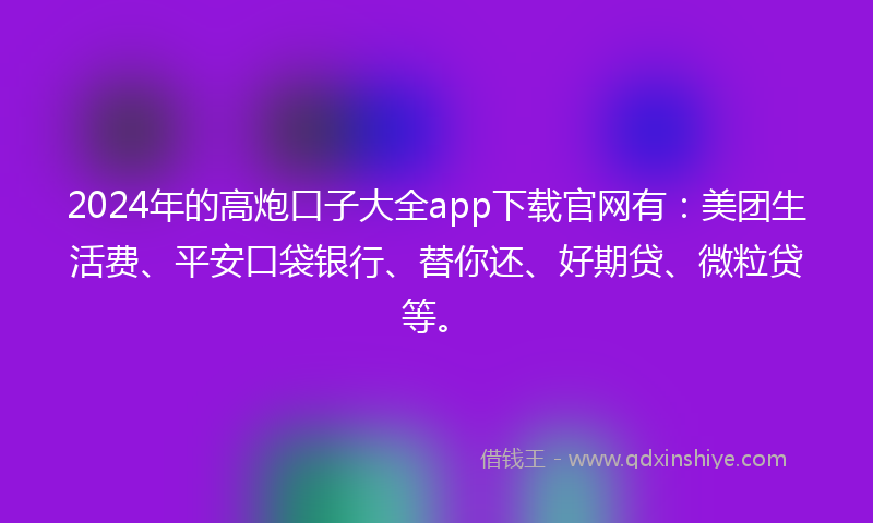 2024年的高炮口子大全app下载官网有：美团生活费、平安口袋银行、替你还、好期贷、微粒贷等。