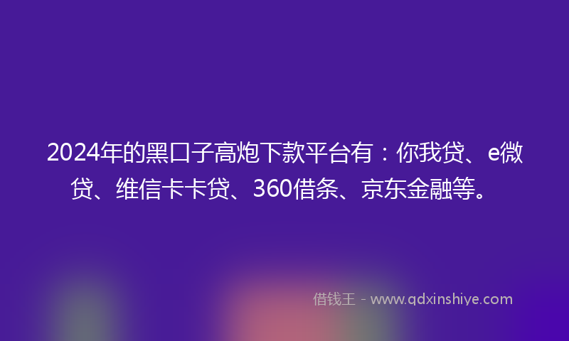 2024年的黑口子高炮下款平台有：你我贷、e微贷、维信卡卡贷、360借条、京东金融等。