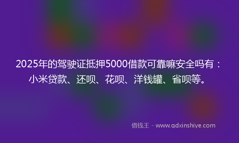 2025年的驾驶证抵押5000借款可靠嘛安全吗有：小米贷款、还呗、花呗、洋钱罐、省呗等。
