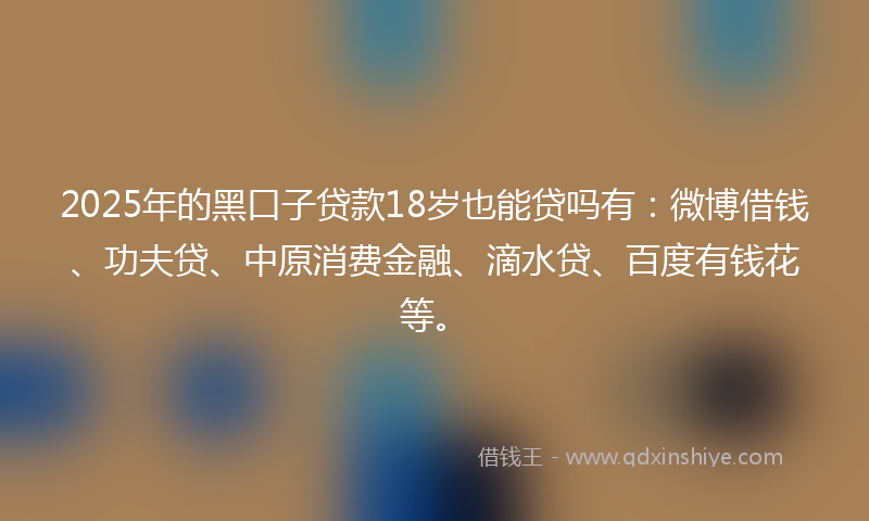 2025年的黑口子贷款18岁也能贷吗有：微博借钱、功夫贷、中原消费金融、滴水贷、百度有钱花等。