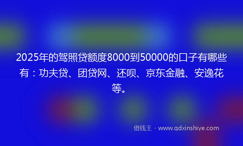 2025年的驾照贷额度8000到50000的口子有哪些有：功夫贷、团贷网、还呗、京东金融、安逸花等。
