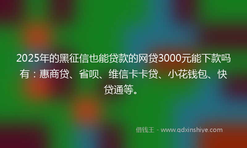 2025年的黑征信也能贷款的网贷3000元能下款吗有：惠商贷、省呗、维信卡卡贷、小花钱包、快贷通等。