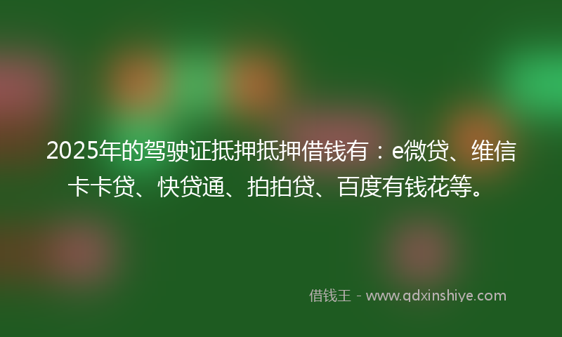 2025年的驾驶证抵押抵押借钱有：e微贷、维信卡卡贷、快贷通、拍拍贷、百度有钱花等。