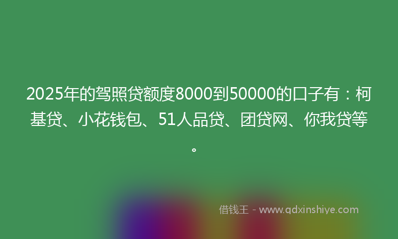 2025年的驾照贷额度8000到50000的口子有：柯基贷、小花钱包、51人品贷、团贷网、你我贷等。