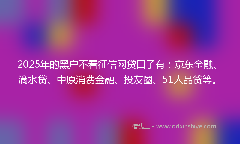 2025年的黑户不看征信网贷口子有：京东金融、滴水贷、中原消费金融、投友圈、51人品贷等。