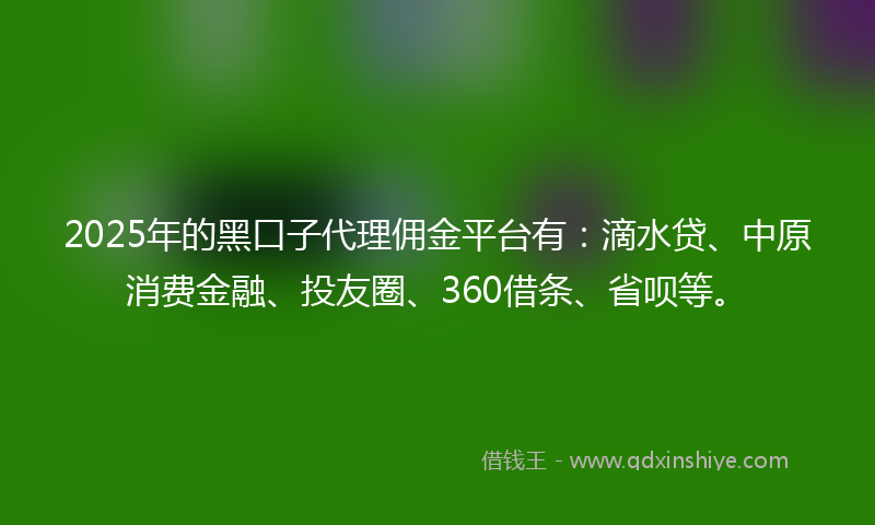 2025年的黑口子代理佣金平台有：滴水贷、中原消费金融、投友圈、360借条、省呗等。
