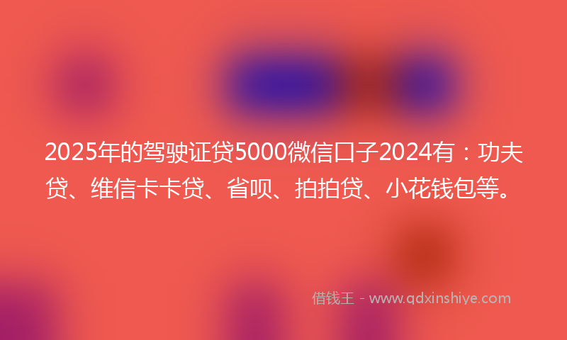 2025年的驾驶证贷5000微信口子2024有：功夫贷、维信卡卡贷、省呗、拍拍贷、小花钱包等。
