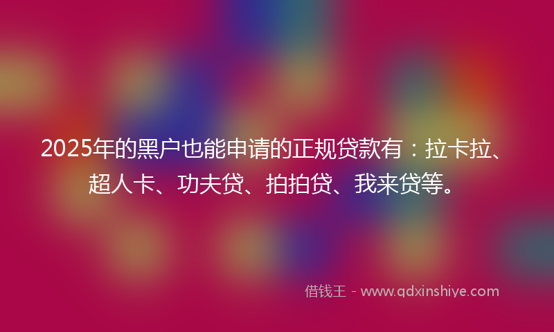 2025年的黑户也能申请的正规贷款有：拉卡拉、超人卡、功夫贷、拍拍贷、我来贷等。