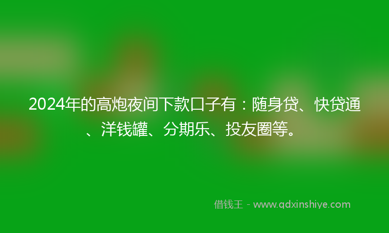 2024年的高炮夜间下款口子有：随身贷、快贷通、洋钱罐、分期乐、投友圈等。