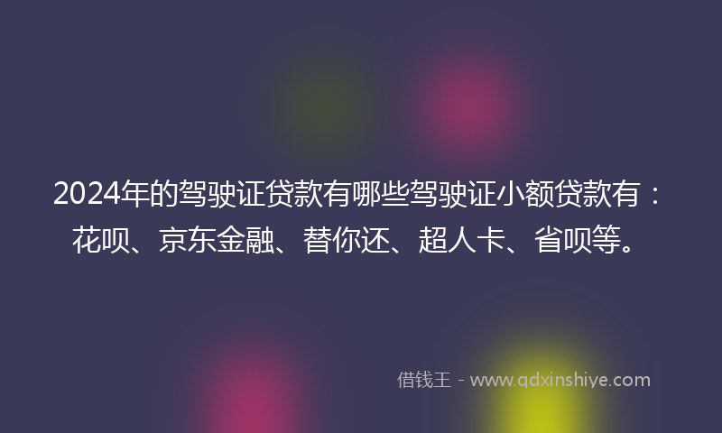 2024年的驾驶证贷款有哪些驾驶证小额贷款有：花呗、京东金融、替你还、超人卡、省呗等。