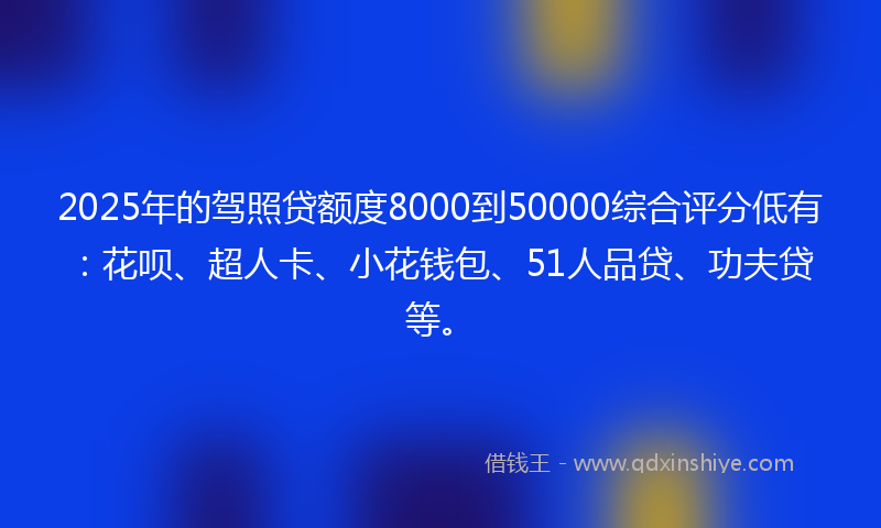 2025年的驾照贷额度8000到50000综合评分低有：花呗、超人卡、小花钱包、51人品贷、功夫贷等。