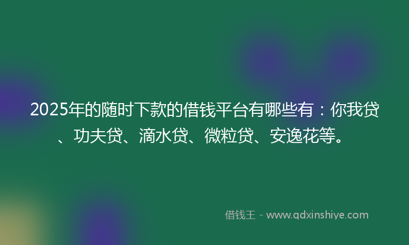 2025年的随时下款的借钱平台有哪些有：你我贷、功夫贷、滴水贷、微粒贷、安逸花等。