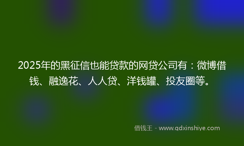 2025年的黑征信也能贷款的网贷公司有：微博借钱、融逸花、人人贷、洋钱罐、投友圈等。