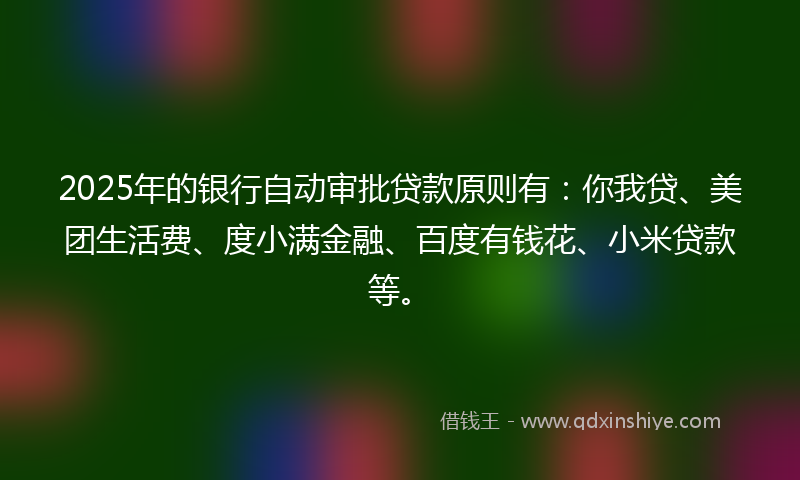 2025年的银行自动审批贷款原则有：你我贷、美团生活费、度小满金融、百度有钱花、小米贷款等。
