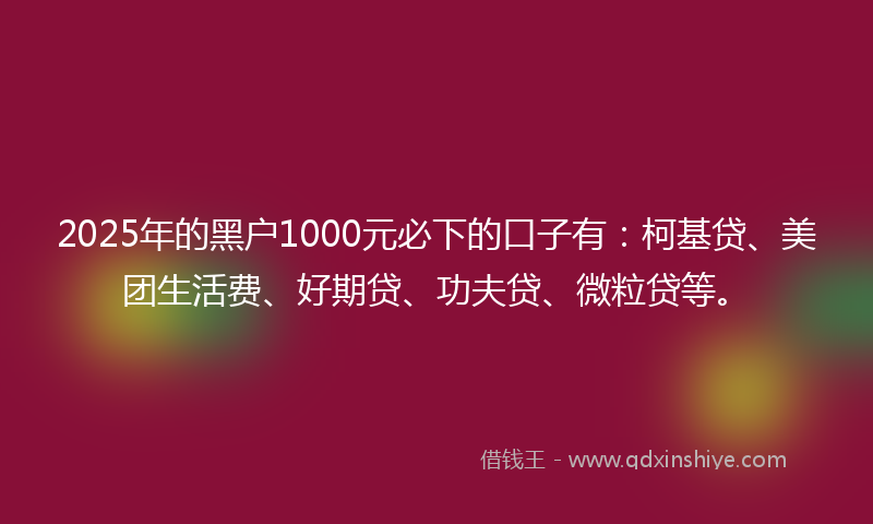 2025年的黑户1000元必下的口子有：柯基贷、美团生活费、好期贷、功夫贷、微粒贷等。