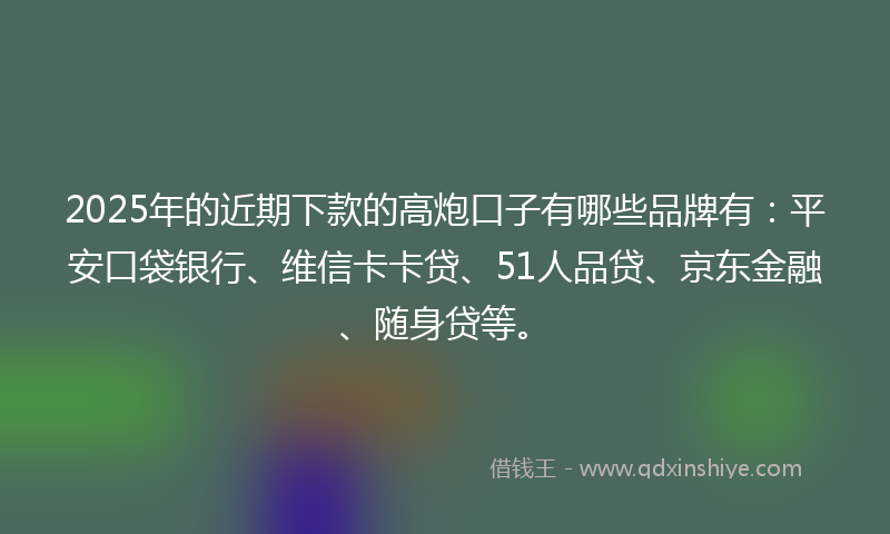 2025年的近期下款的高炮口子有哪些品牌有：平安口袋银行、维信卡卡贷、51人品贷、京东金融、随身贷等。