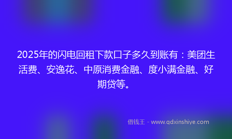 2025年的闪电回租下款口子多久到账有：美团生活费、安逸花、中原消费金融、度小满金融、好期贷等。