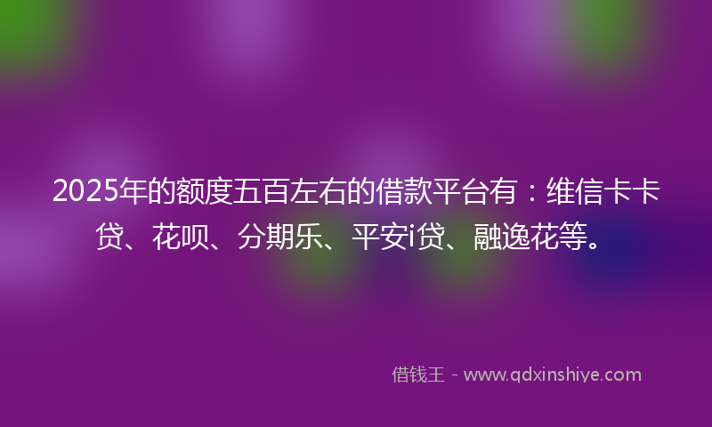 2025年的额度五百左右的借款平台有：维信卡卡贷、花呗、分期乐、平安i贷、融逸花等。