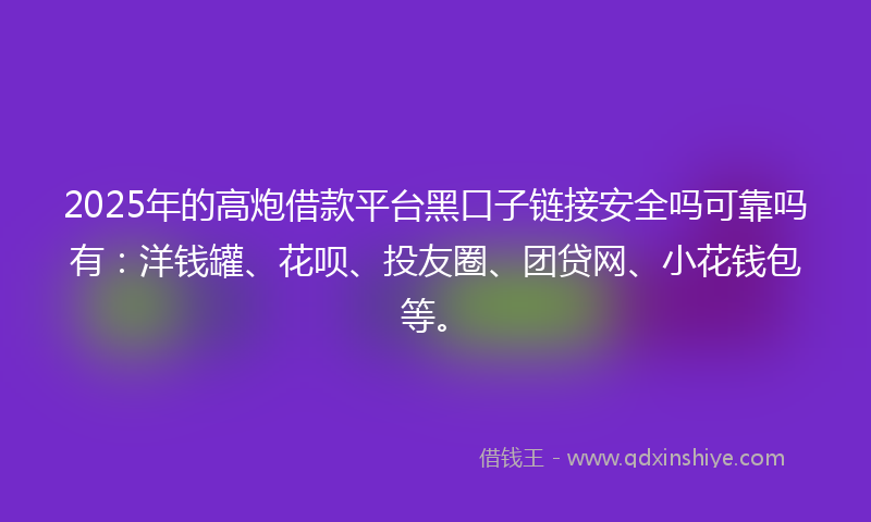 2025年的高炮借款平台黑口子链接安全吗可靠吗有：洋钱罐、花呗、投友圈、团贷网、小花钱包等。
