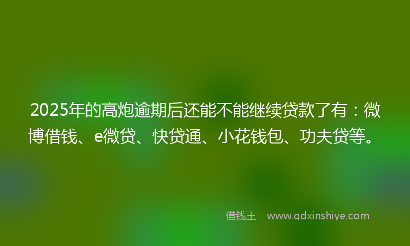 2025年的高炮逾期后还能不能继续贷款了有：微博借钱、e微贷、快贷通、小花钱包、功夫贷等。