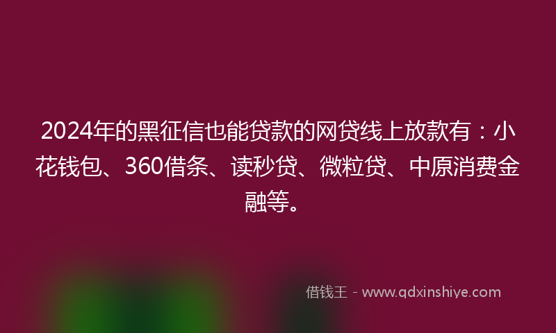 2024年的黑征信也能贷款的网贷线上放款有：小花钱包、360借条、读秒贷、微粒贷、中原消费金融等。