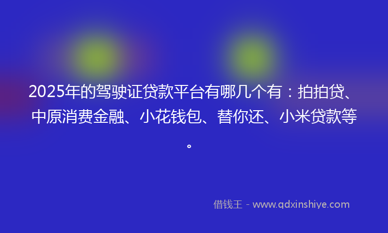 2025年的驾驶证贷款平台有哪几个有：拍拍贷、中原消费金融、小花钱包、替你还、小米贷款等。