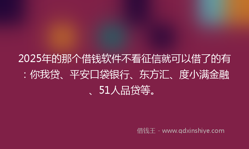 2025年的那个借钱软件不看征信就可以借了的有：你我贷、平安口袋银行、东方汇、度小满金融、51人品贷等。