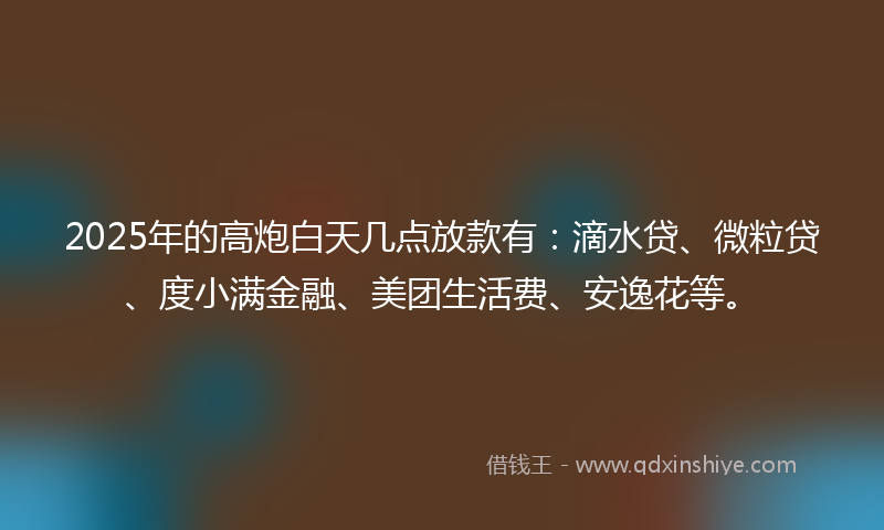 2025年的高炮白天几点放款有：滴水贷、微粒贷、度小满金融、美团生活费、安逸花等。