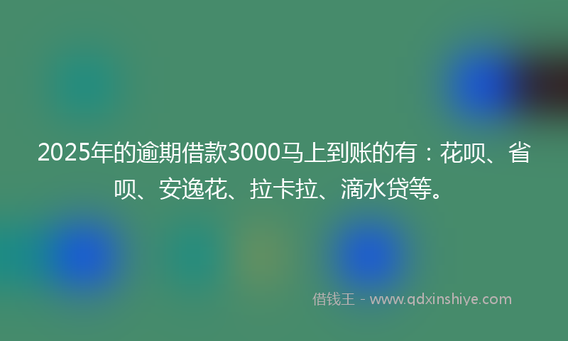 2025年的逾期借款3000马上到账的有：花呗、省呗、安逸花、拉卡拉、滴水贷等。
