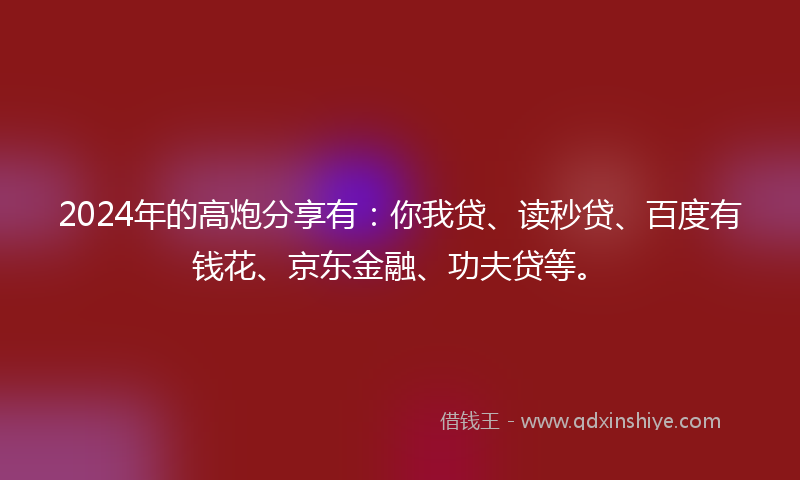 2024年的高炮分享有：你我贷、读秒贷、百度有钱花、京东金融、功夫贷等。