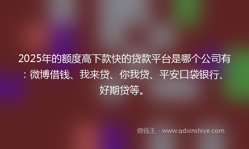 2025年的额度高下款快的贷款平台是哪个公司有：微博借钱、我来贷、你我贷、平安口袋银行、好期贷等。