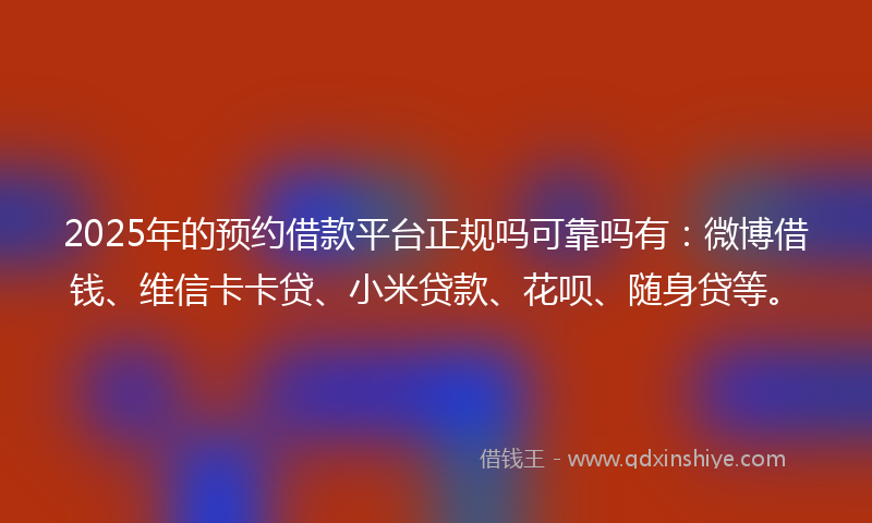 2025年的预约借款平台正规吗可靠吗有：微博借钱、维信卡卡贷、小米贷款、花呗、随身贷等。