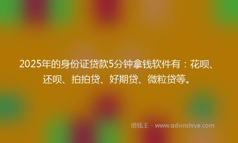 2025年的身份证贷款5分钟拿钱软件有：花呗、还呗、拍拍贷、好期贷、微粒贷等。