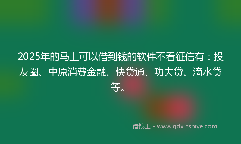 2025年的马上可以借到钱的软件不看征信有：投友圈、中原消费金融、快贷通、功夫贷、滴水贷等。