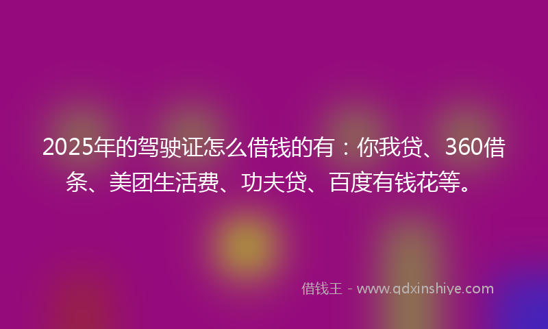 2025年的驾驶证怎么借钱的有：你我贷、360借条、美团生活费、功夫贷、百度有钱花等。