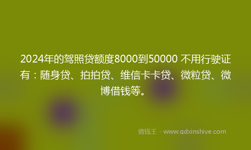 2024年的驾照贷额度8000到50000 不用行驶证有：随身贷、拍拍贷、维信卡卡贷、微粒贷、微博借钱等。