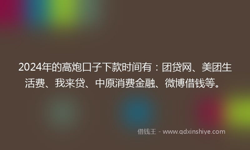 2024年的高炮口子下款时间有：团贷网、美团生活费、我来贷、中原消费金融、微博借钱等。