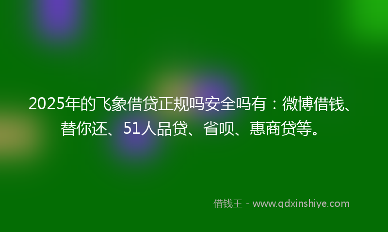 2025年的飞象借贷正规吗安全吗有：微博借钱、替你还、51人品贷、省呗、惠商贷等。