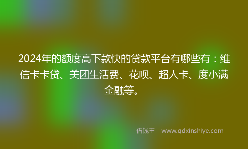 2024年的额度高下款快的贷款平台有哪些有：维信卡卡贷、美团生活费、花呗、超人卡、度小满金融等。