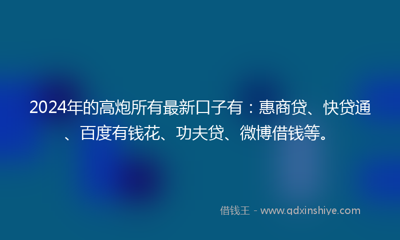 2024年的高炮所有最新口子有：惠商贷、快贷通、百度有钱花、功夫贷、微博借钱等。