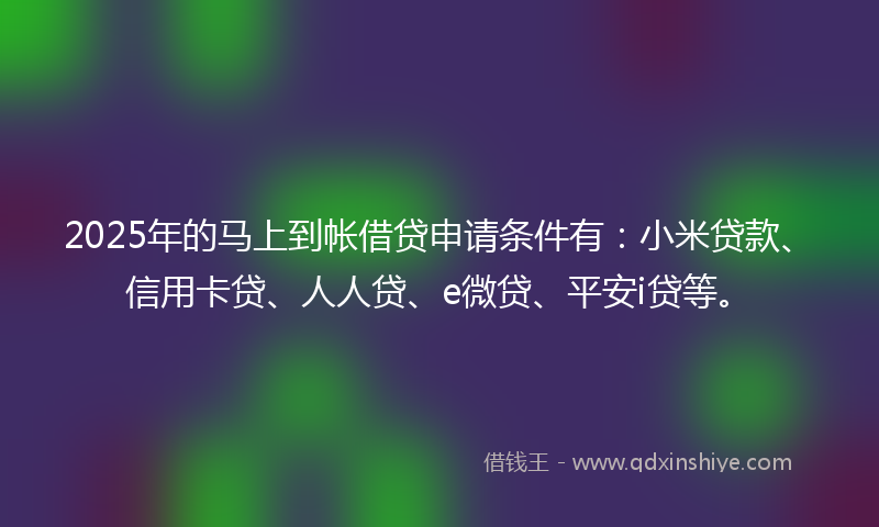 2025年的马上到帐借贷申请条件有：小米贷款、信用卡贷、人人贷、e微贷、平安i贷等。